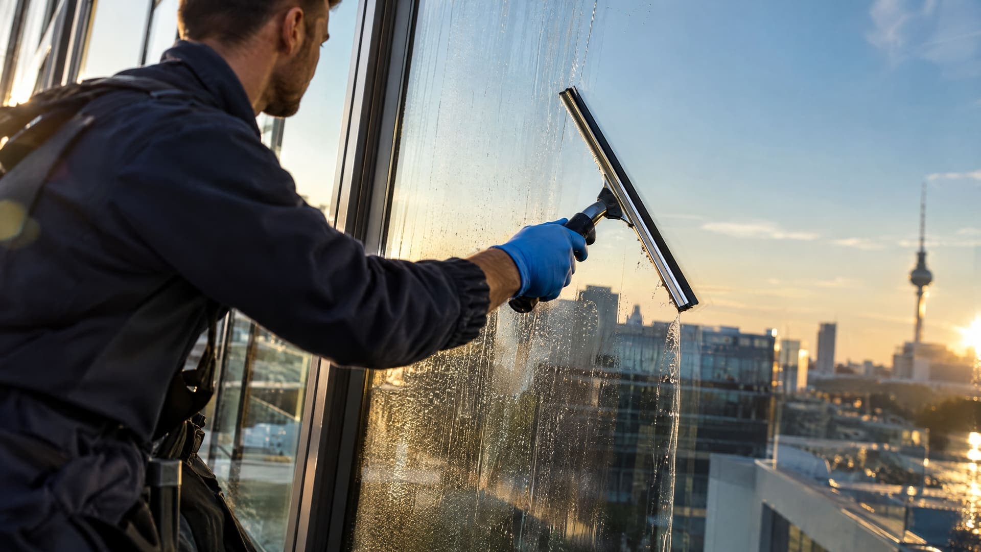 Fensterreiniger zieht eine große Glasscheibe ab, dahinter die Berliner Skyline mit Fernsehturm