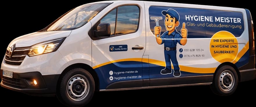 Firmentransporter von Hygiene Meister in Navy und Gelb mit Maskottchen, das den Daumen hebt